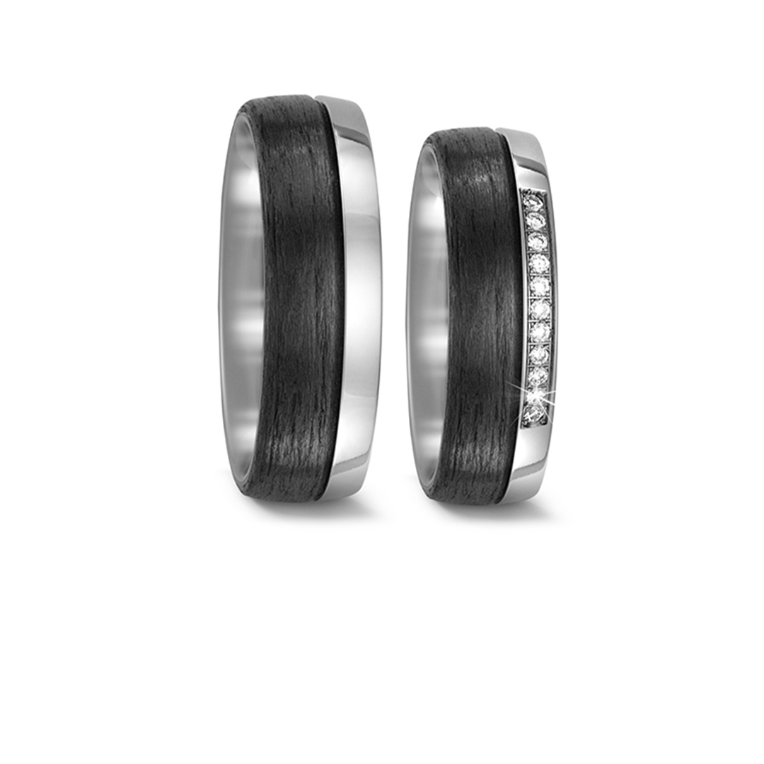 Trauringe, Titan und Carbon mit Brillanten, Kollektion Titanfactory